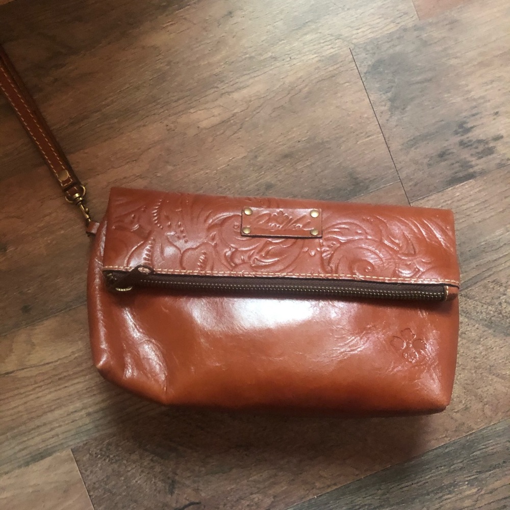 Patricia Nash Embossed Leather Wristlet in Cognac Brown
